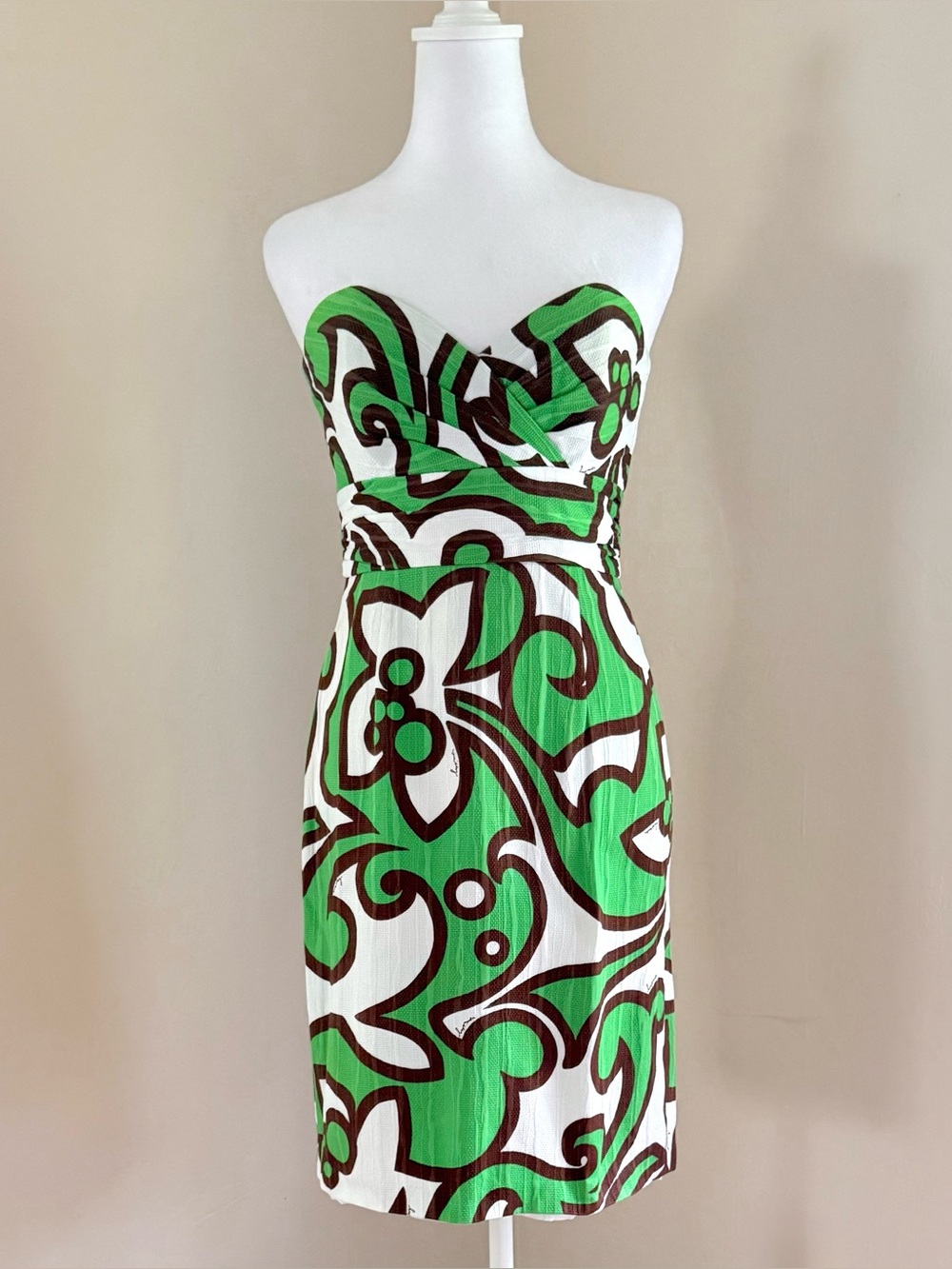 Milly Strapless Sweetheart Neckline Green & White Print Cotton Dress Size 2